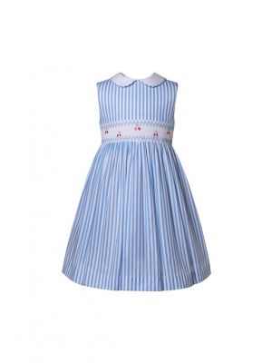 White and Blue Girls Cherry Smocked Dress