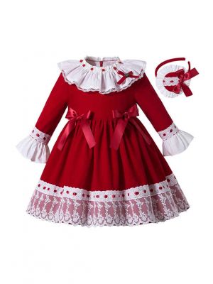 Girls Autumn Red Ruffles Lace Fluffy Princess Party Three Quarter Sleeves Dress With Ribbon Bows + Hand Headband
