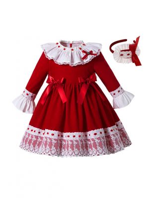 Girls Autumn Red Ruffles Lace Fluffy 3/4 Sleeves Dress With Ribbon Bows + Hand Headband
