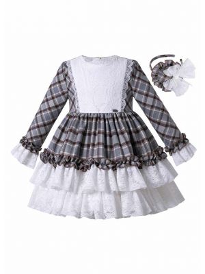 Autumn Gorgeous White & Grey Plaid Layered Ruffles Girls Boutique Princess Dress + Handmade Headband