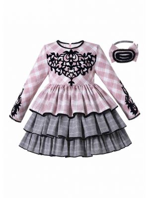 Boutique Autumn Pink & Grey Plaid Layered Girls Dress + Handmade Headband