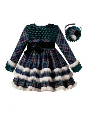 Girls Gorgeous Green Check Fluff Layered Autumn Dress + Handmade Headband