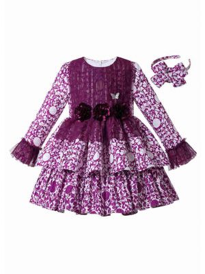 Purple Girls Autumn Flower Print Cotton Boutique Layered Dress + Hand Headband