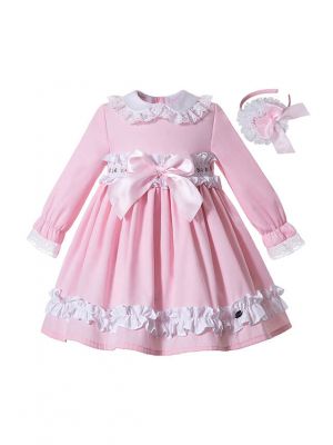 (Pre-order) Autumn Sweet Pink Girls Ruffles Lace Kids 3/4 Sleeves Dress + Hand Headband