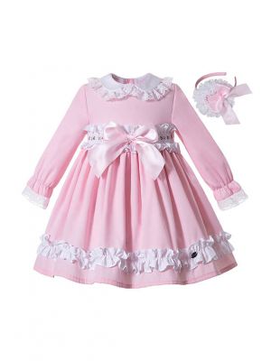 Autumn Sweet Pink Girls Ruffles Lace Kids 3/4 Sleeves Dress + Hand Headband