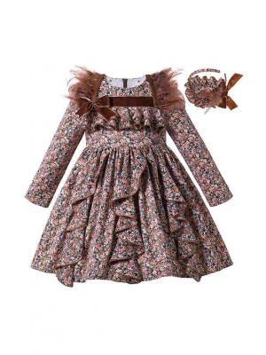 Stunning Vintage Girls Feather Floral Autumn Dress + Handmade Headband