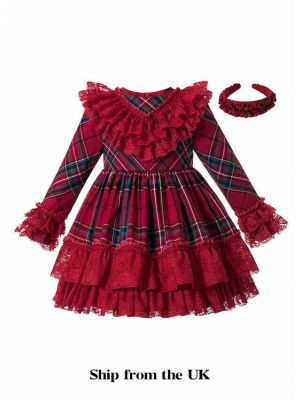 (UK Only) Vintage Autumn Red Tartan Garment Dyed Lace Boutique Kids Dress + Hand Headband