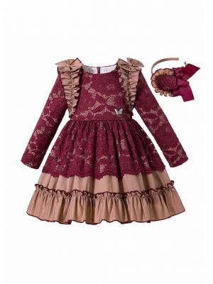 (PRE-ORDER)Vintage Wine Red Lace Ruffle Gorgeous Dress + Handmade Headband