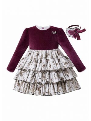 Exclusive Autumn Velvet Wine Red Ruched Butterfly Brooch Layered Dress + Handmade Headband