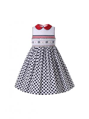 Navy Blue Polka Dots Over-Knee Length Sleeveless Smocked White Cotton Dress