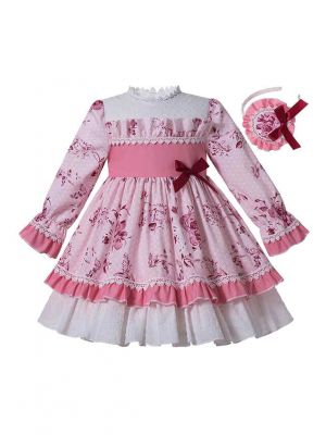 Boutique Princess Pink Girls Floral-Print Ribbons Bow Ruched Autumn  Dress + Handmade Headband