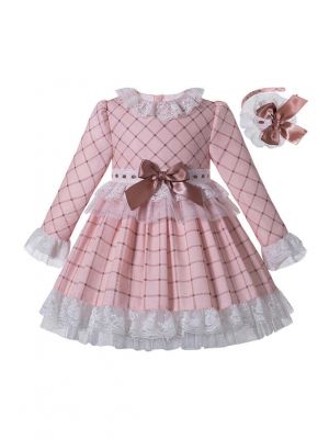 Macaron Pink Check Sweet Layered Girls Lace Dress + Handmade Headband