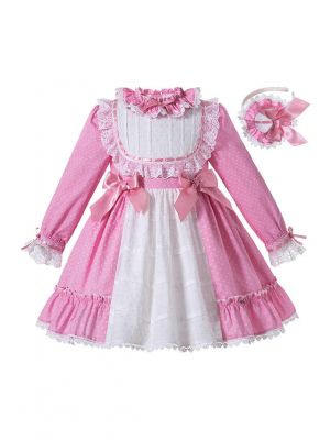 Girls Autumn Pink Ruffles Lace White Dot Princess Party Dress With Ribbon Bows + Hand Headband