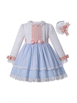 Autumn Light Blue Girls Ribbons Bow Dot Double-layered Boutique Dress + Hand Headband