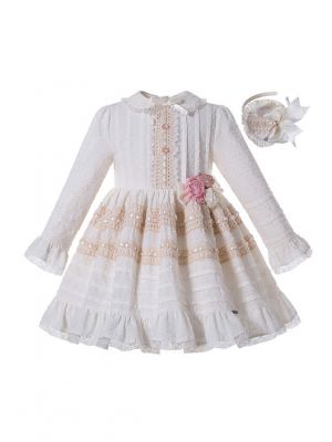 (PRE-ORDER)Elegant Girls Champagne Beige Turn-down Collar Pleat Kids Boutique Dress + Hand Headband