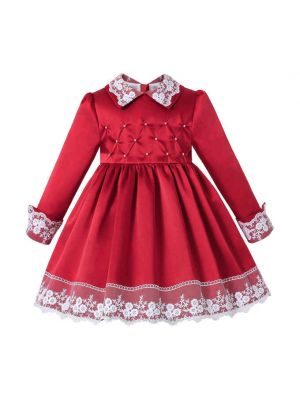 Autumn & Winter Girls Red Lace Pearls Dress