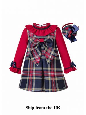 (UK Only) Autumn Red Girls Double-layered Plaid Dress With Bow