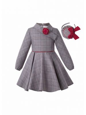 Girls Vintage Grey Tartan Asymmetrical Boutique Kids Dress With Red Flower + Hand Headband