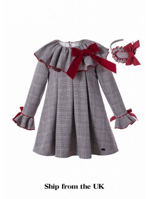 (UK Only) Grey Check Garment Dyed Double-layered Boutique Girls Vintage Dress With Red Bow + Hand Headband