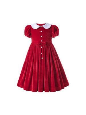 (USA ONLY)Sweet Red Girls Turn-down Collar Short-Sleeve Dress