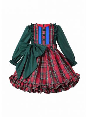 Winter Girls  Ruffle Plaid  Dress with Green Bows