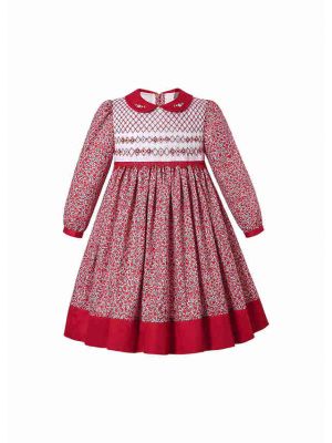 Vintage Red Girl Flower printed handmade Embroidered Smocked Dress