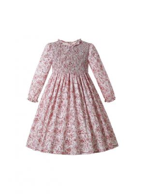 (USA ONLY)Pink Floral Girls Long Sleeve Smocked Dress