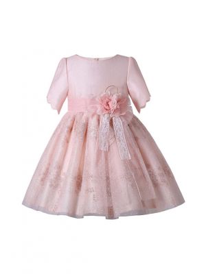 SS22 Peach Color Short Sleeve Floral Lace Tulle Dress
