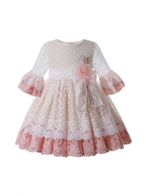 Spring Sweet Knee-Length Flare Sleeve Light Pink Flower + White Dots Girls Dress