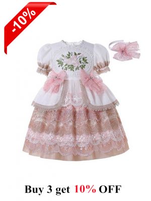 Luxury Dress Excellent Lace Bowknot Embroidered Puff Sleeve