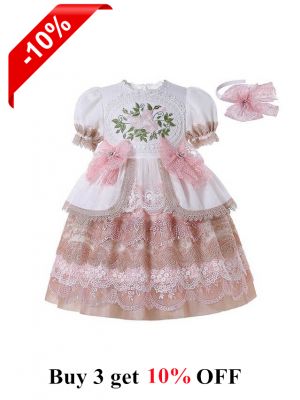 (ONLY 10Y)Luxury Dress Excellent Lace Bowknot Embroidered Puff Sleeve