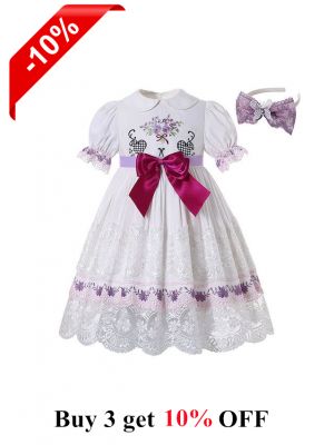 (ONLY 2Y)Princess Summer Short Sleeve Exquisite Lace White Summer Dress + Headband