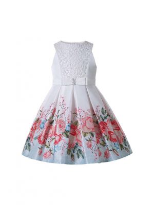 Crewneck Flowers Print Sleeveless Girls Dress