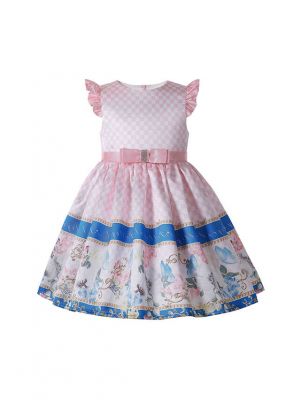(Only 12Y)Summer Round Neck Printed Blue Stripes Girls Knee-Length Pink Dress
