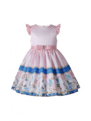 Summer Round Neck Printed Blue Stripes Girls Knee-Length Pink Dress