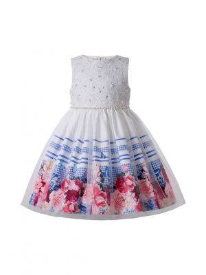 Summer Sleeveless Printed Lattice & Floral Pattern Girls White Dress