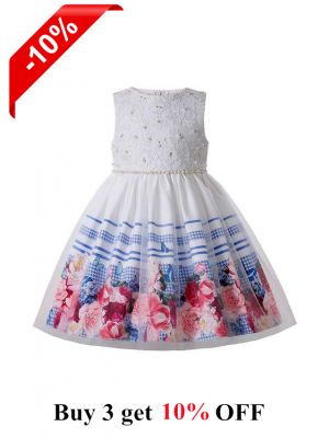 Summer Sleeveless Printed Lattice & Floral Pattern Girls White Dress
