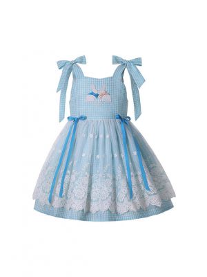 Cute Blue Lattice Lace Bows Sling Summer Girls Ruffle Dress