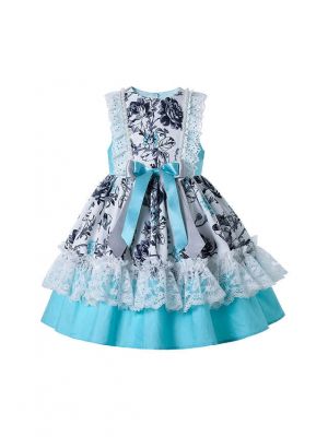 Spring Summer Cyan-Blue Lace Ruffle Girls Dress