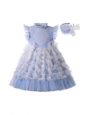 Embroidery Lace Chiffon Bows Feather Ornament Girls Blue Dress + Handmade Headband