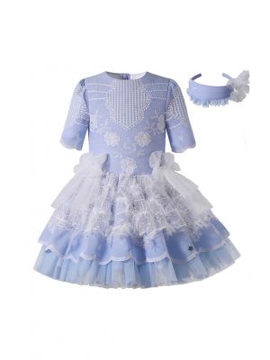Blue Floral Embroidery Tulle Bows Feather Decoration Short Sleeve Girls Dress + Handmade Headband
