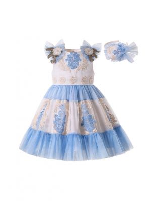 Blue Tulle Embroidered Summer Dress + Handmade Headband