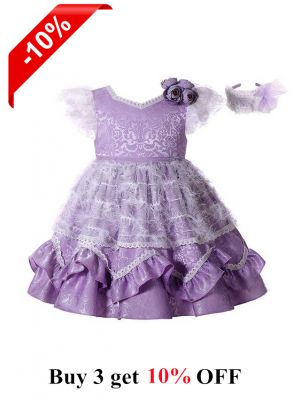 Purple Noble Ruffle Printed Flower Feather Ornament Princess Dress + Handmade Headband