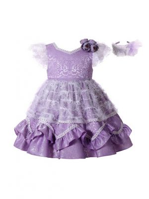 Purple Noble Ruffle Printed Flower Feather Ornament Princess Dress + Handmade Headband