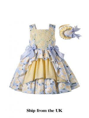 (UK only)Floral Pattern Lace Blue Bows Girls Yellow Dress + Headband