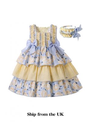 (UK ONLY)Vintage Square Collar Bows Girls Yellow Dress + Headband