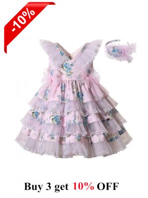 Summer Girls Light Pink V-neck Dress with Blue Flower Patterns Lace Bows + Handmade Headband