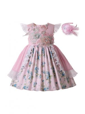 Sundress Girls Printed Lifelike Flower Patterns Ruffle Princess Dress + Handmade Headband