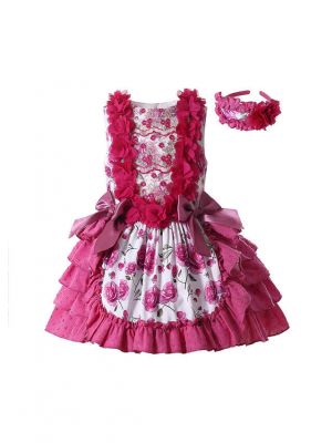 (Only 3Y) Rose Red Lace Bows Dots  Sleeveless Floral Patterns Girls Dress + Handmade Headband