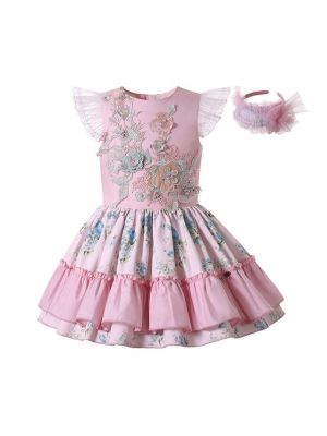 Girls Sundress Crewneck Sleeveless Floral Patterns Pink Dress + Handmade Headband